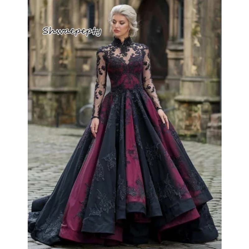Abito da sposa gotico Nero e bordeaux Maniche lunghe Abito da sposa Applicazioni in pizzo Pieghe 2025 Vestido De Novia Personalizzato