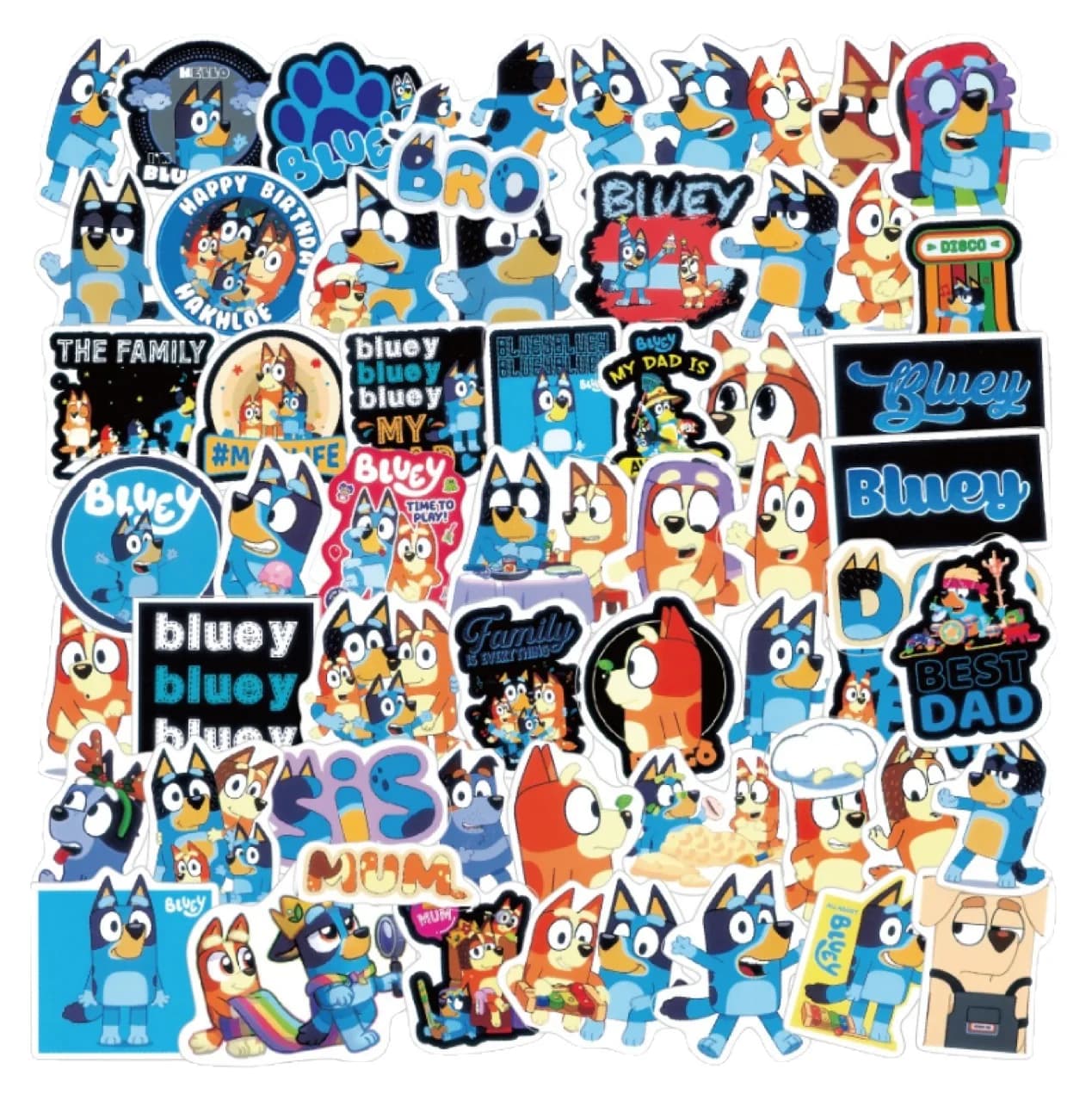 Adesivi Graffiti Bluey 55 Pezzi Impermeabili Decorativi a Cartoni Animati per Telefono, Skateboard, Bagagli, Borracce - Set di Adesivi all'Ingrosso