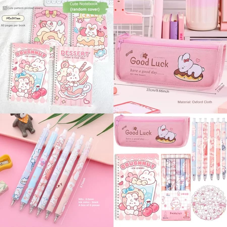 58 pezzi di materiale scolastico simpatico coniglio set kit di cancelleria Kawaii per il ritorno a scuola include adesivi per astucci con penne gel per notebook