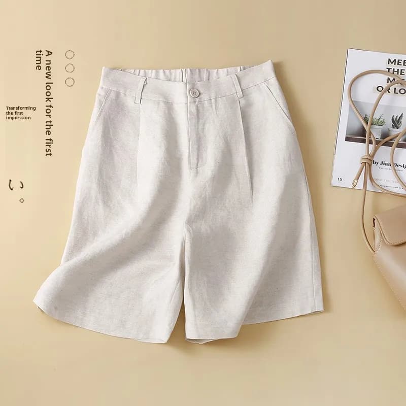 High Waist Cotton Linen Suit Shorts Women Summer A-Line Wide Leg Pants Five Shorts Outlet Brand Commute Style Casual Trousers
