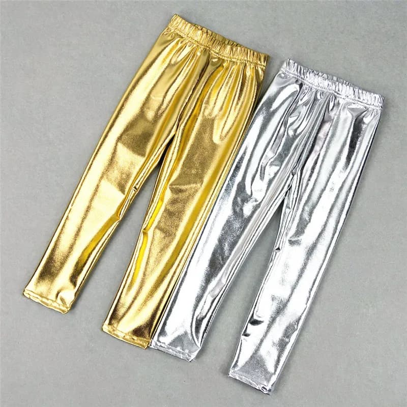 Leggings Unisex per bambina in oro lucido argento pantaloni lunghi Punk per bambini per pantaloni autunnali primaverili Leggins