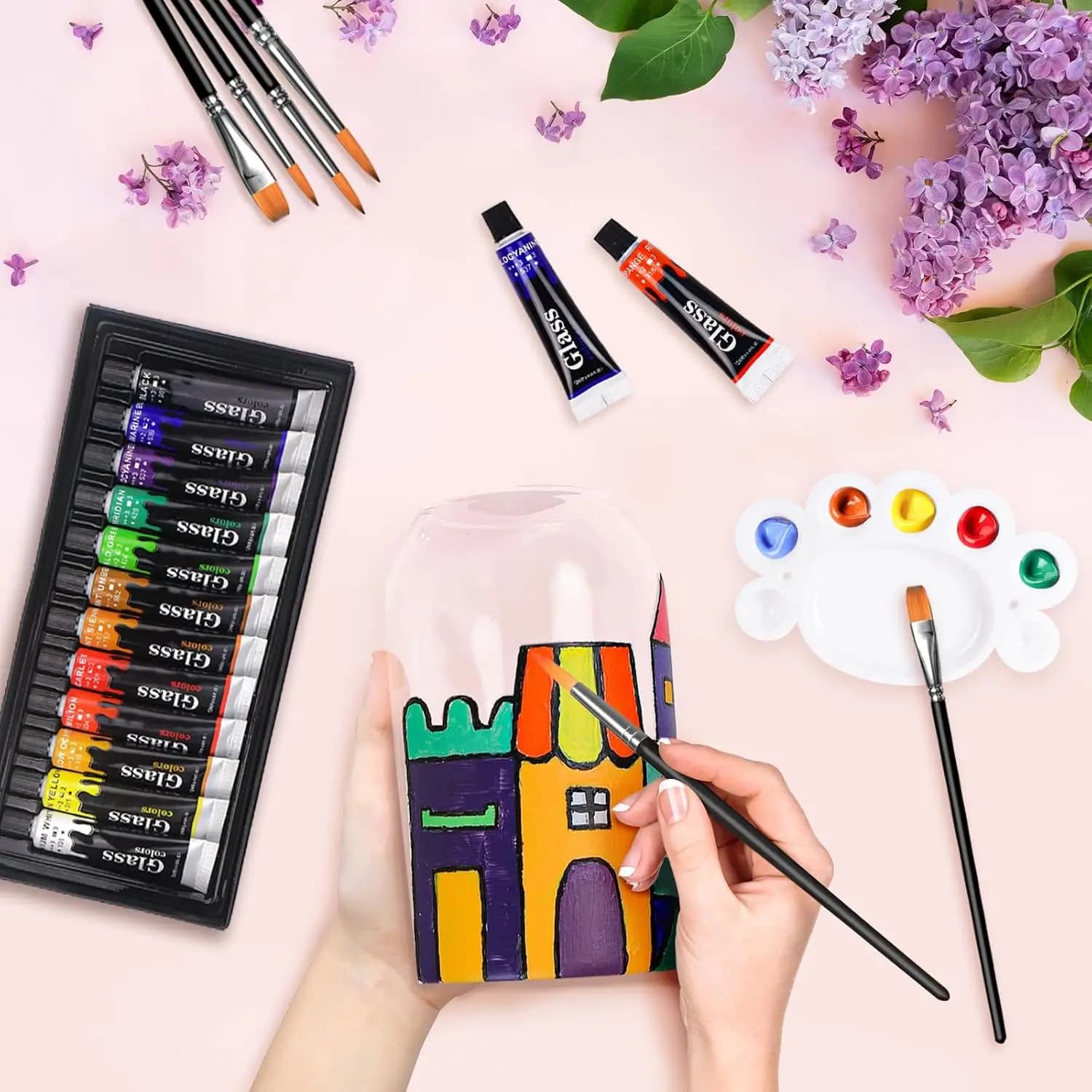 Set di Colori Acrilici per Vetro con 6 Pennelli, 1 Tavolozza, 12/24 Colori da 12ml, Pitture per Vetrate Artistiche, Colori Acrilici Impermeabili per Bicchieri da Vino