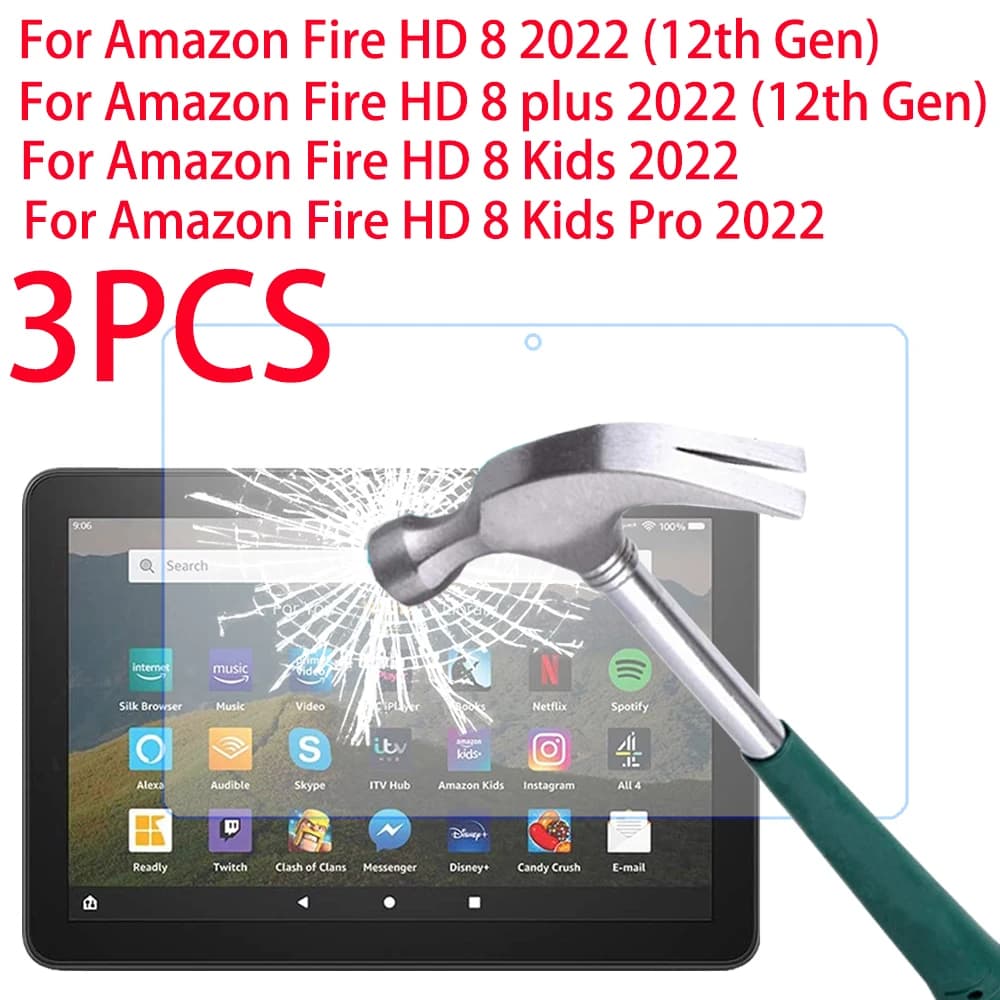 3PCS Vetro Temperato Per Amazon Fire HD 8 Plus Kids Pro 2022 HD Protezione Dello Schermo Per Fire HD 8Plus Copertura Completa Pellicola Protettiva