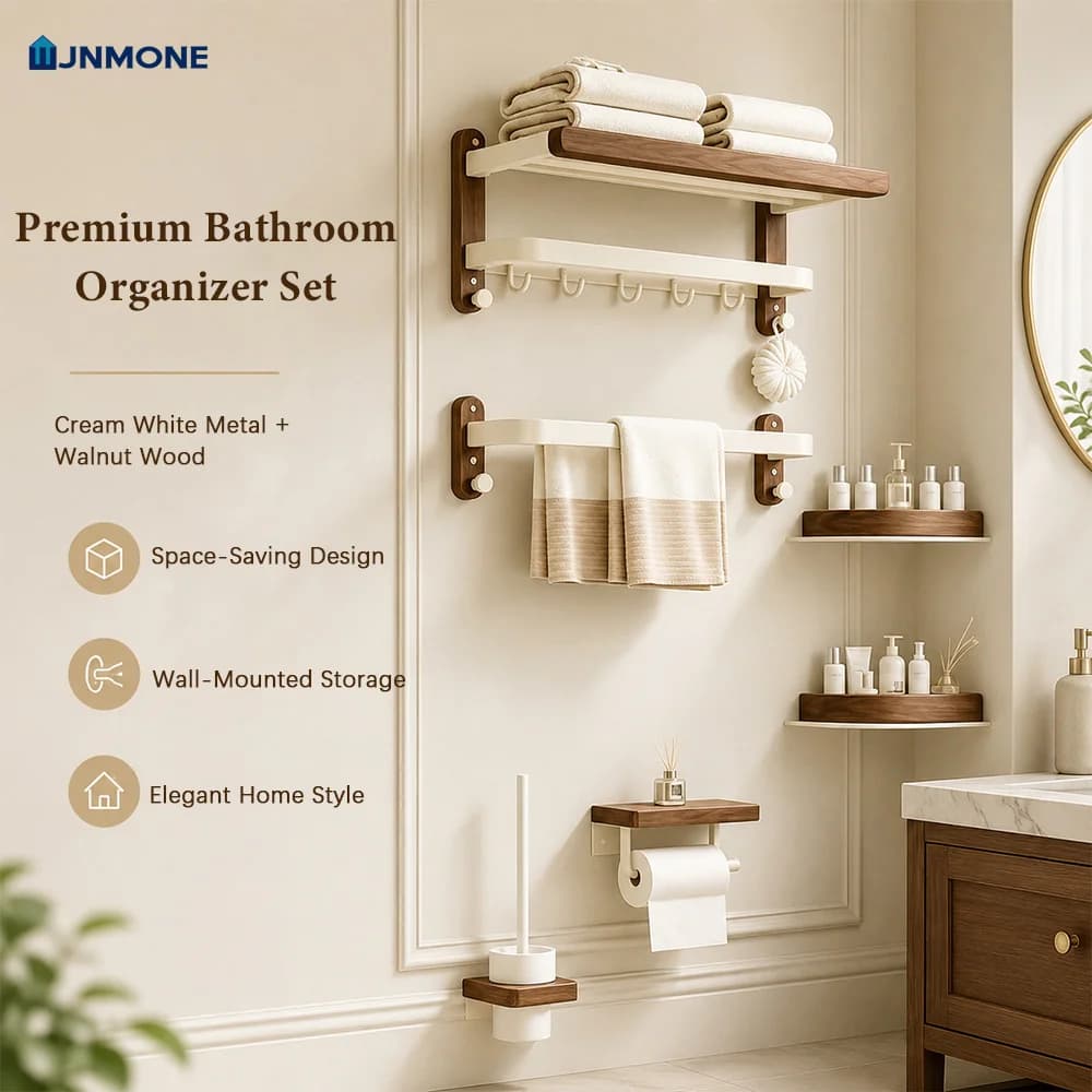 Modern Luxury Bathroom Accessories Set Walnut Wood Towel Rack Wall Mounted Bathroom Hardware Set Shelf Hooks Toilet Paper Holder