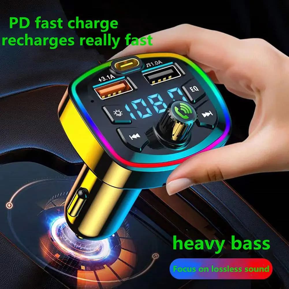Bluetooth 5.0 caricabatteria da auto trasmettitore FM per auto Bluetooth vivavoce Mp3 True 3.1A doppia porta USB ricarica PD