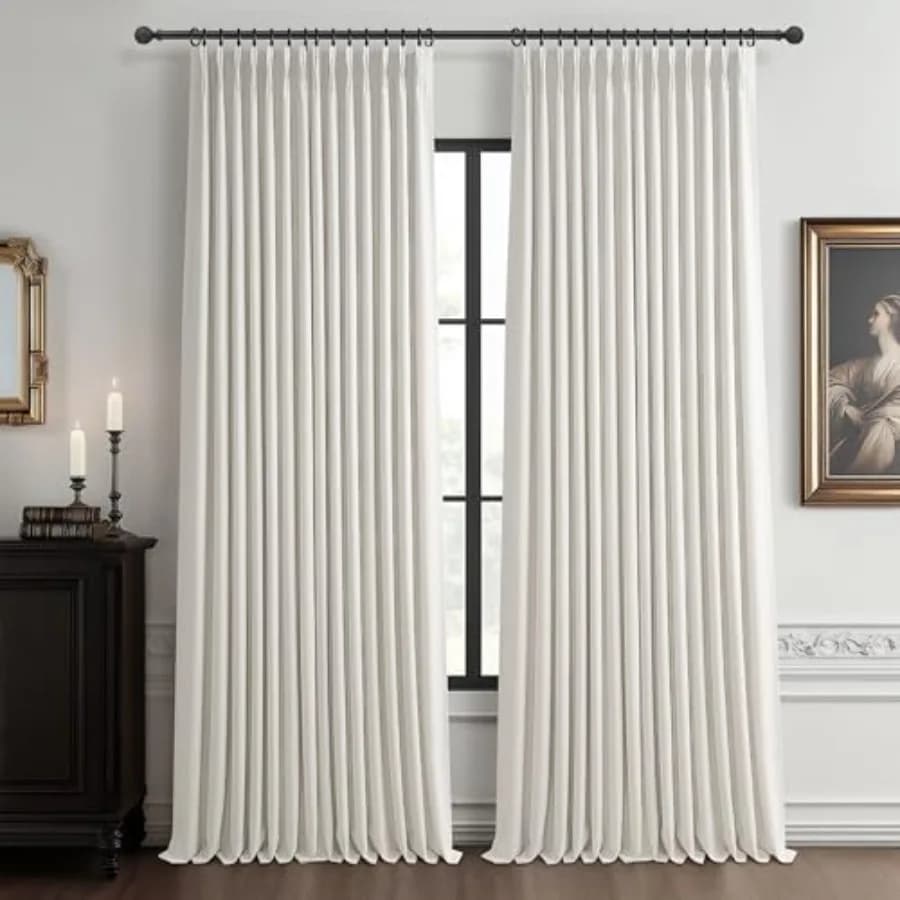 100% Blackout Linen 96 Inch Curtains 2 Panel Set for Bedroom, Modern Pinch Pleated Natural Linen Off Beige White Insulated Heav