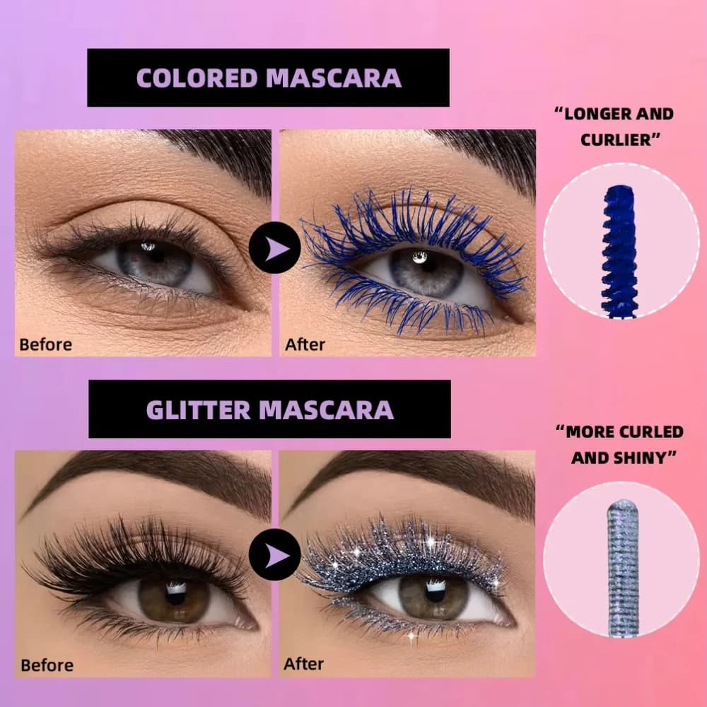 Mascara QIBEST con Glitter Diamantati, Doppia Punta, Colori Rosa, Blu e Rosso, Volumizzante, Lunga Durata, Impermeabile