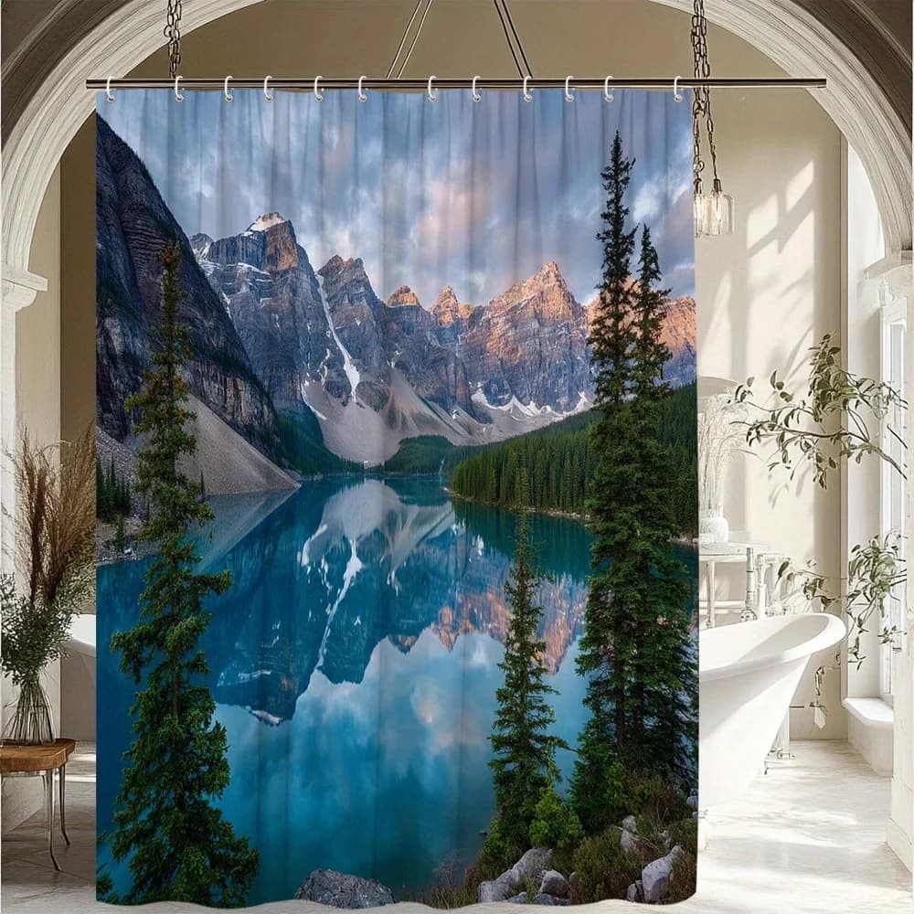 1 tenda da doccia paesaggistica per bagno, tessuto decorativo in poliestere con 12 ganci, 70 Tende da bagno 8 x 70,8 pollici