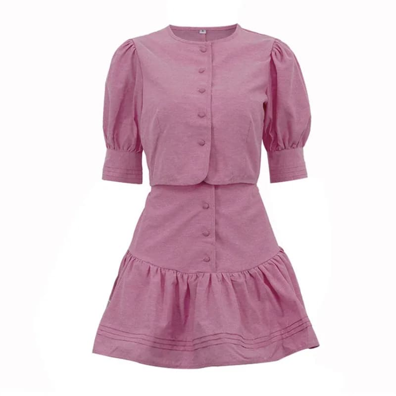 Casual Fashion Short Skirt Set New Bubble Sleeve Short Top Splicing Design A-shaped Skirt Two-piece Set Exquisite and Simple