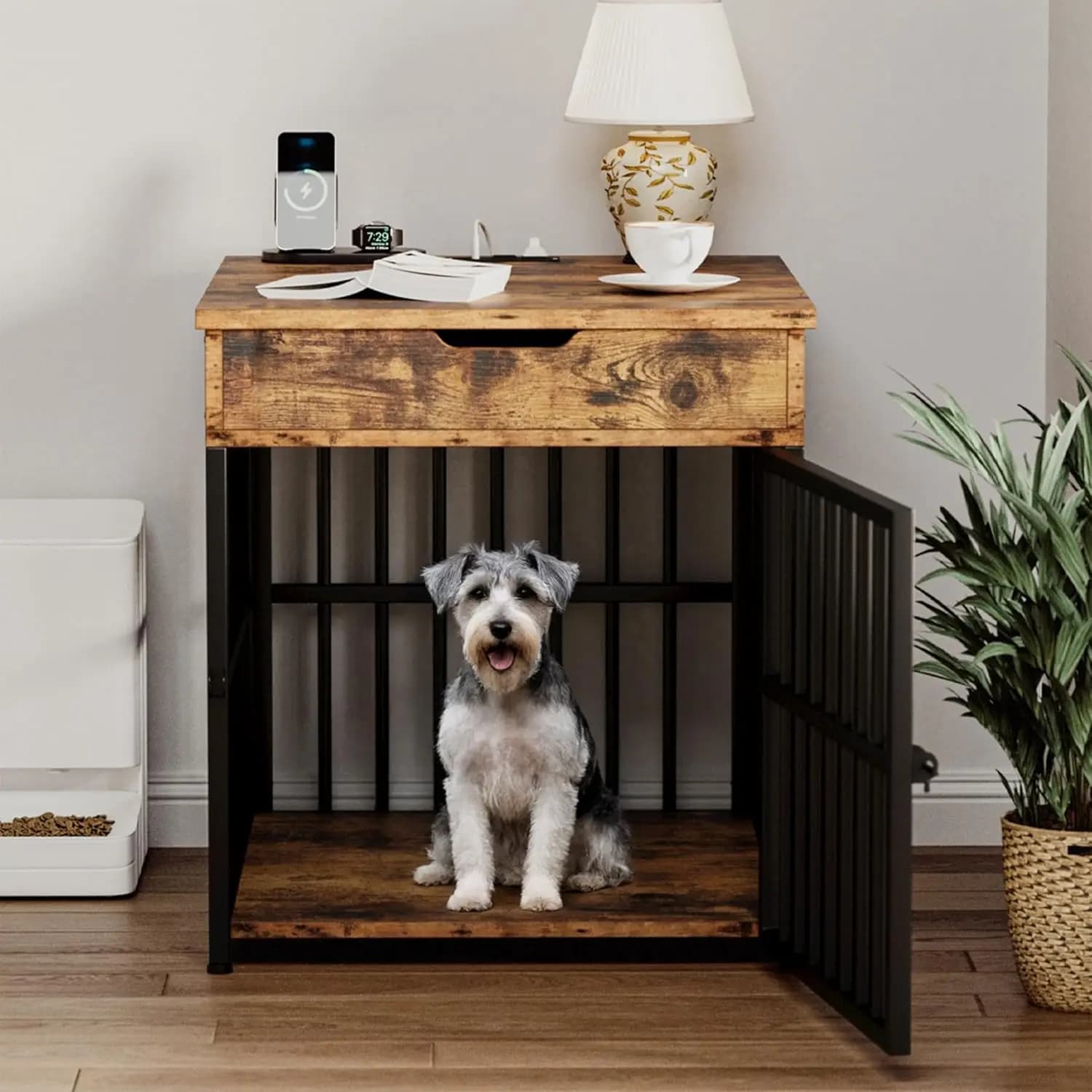 Cuccia per Cani in Legno con Cassetto Ribaltabile, Tavolino per Animali Domestici da Interno con Stazione di Ricarica, Gabbia con Tubi in Acciaio