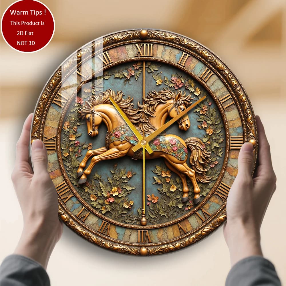Tempered glass wall clock Carousel watch with golden horses suitable for wall decorations or table displays everywhere