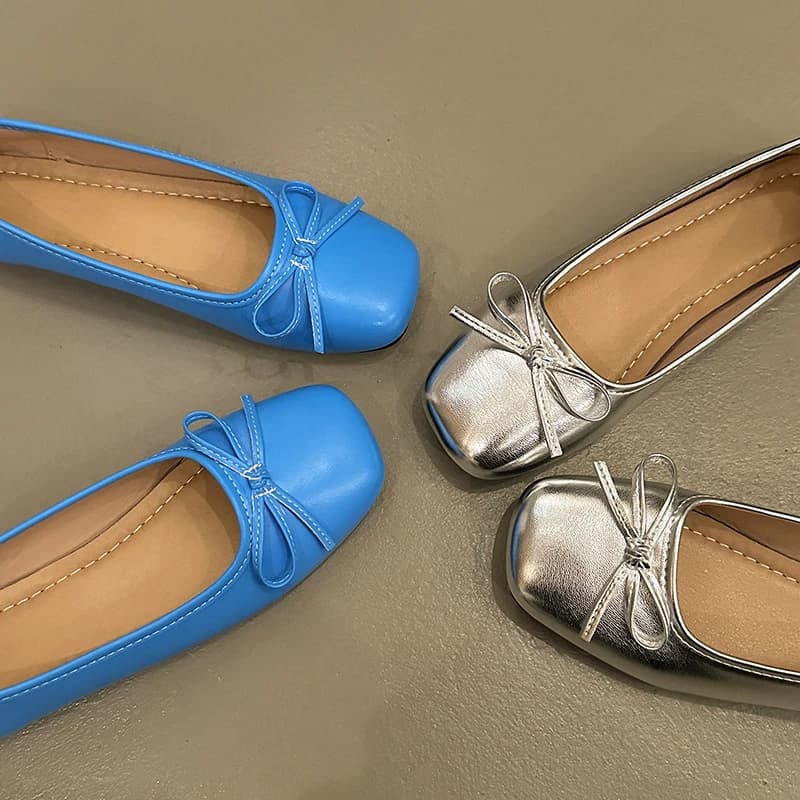 Ballerine con Fiocco Stile Balletto Primavera/Autunno 2026 da Donna, Scarpe Mary Jane con Punta Quadrata e Suola Morbida, Comode Ballerine da Pendolare Blu Argento