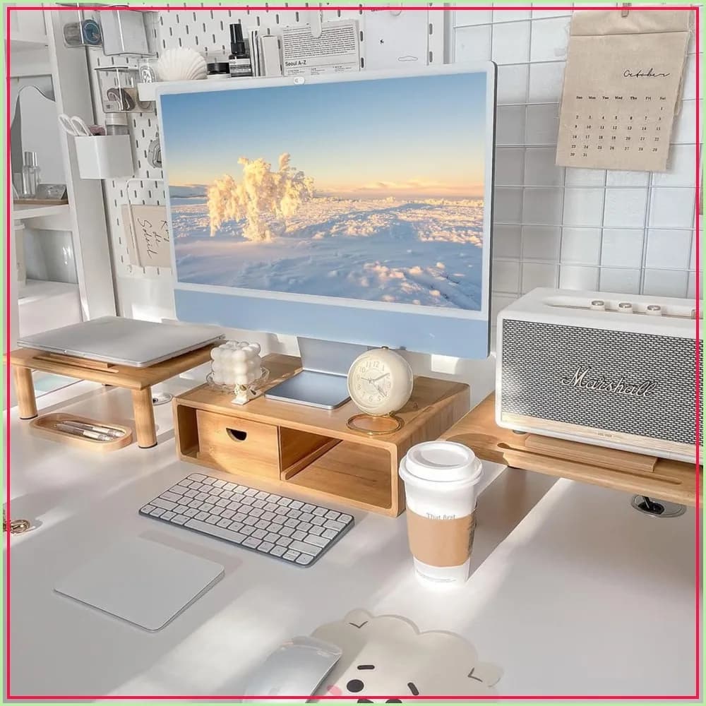 Dual Monitor Stand Riser with Drawer, Adjustable Length and Angle, Bamboo Computer Stand for 2 or 3 Monitors Laptop PC TV