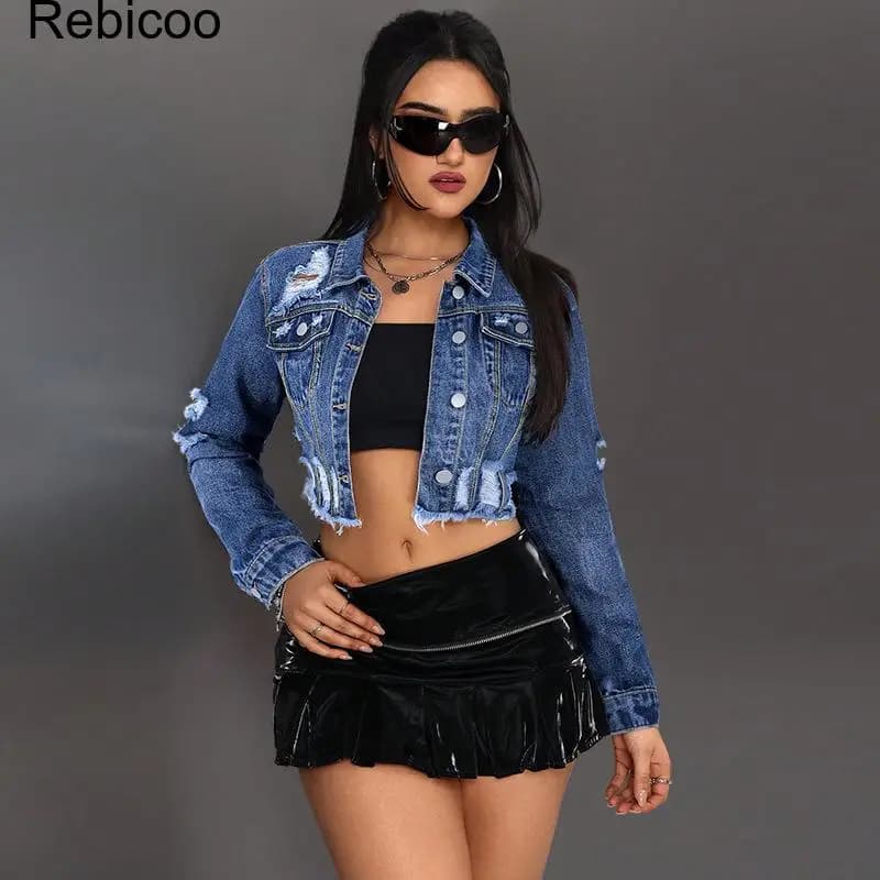 Women's Cropped Denim Jacket Long Sleeve Button Down Distressed Ripped Jean Coat Streetwear Casual Outerwear Top
