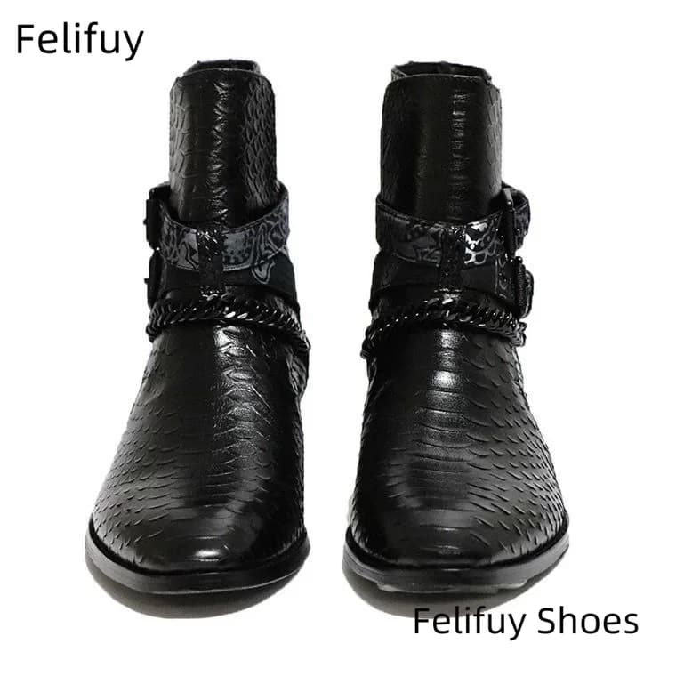 Stivaletti da uomo con motivo serpente autunnale Stivali a punta con fibbia per cintura in vera pelle Scarpe da uomo alte casual alla moda nere