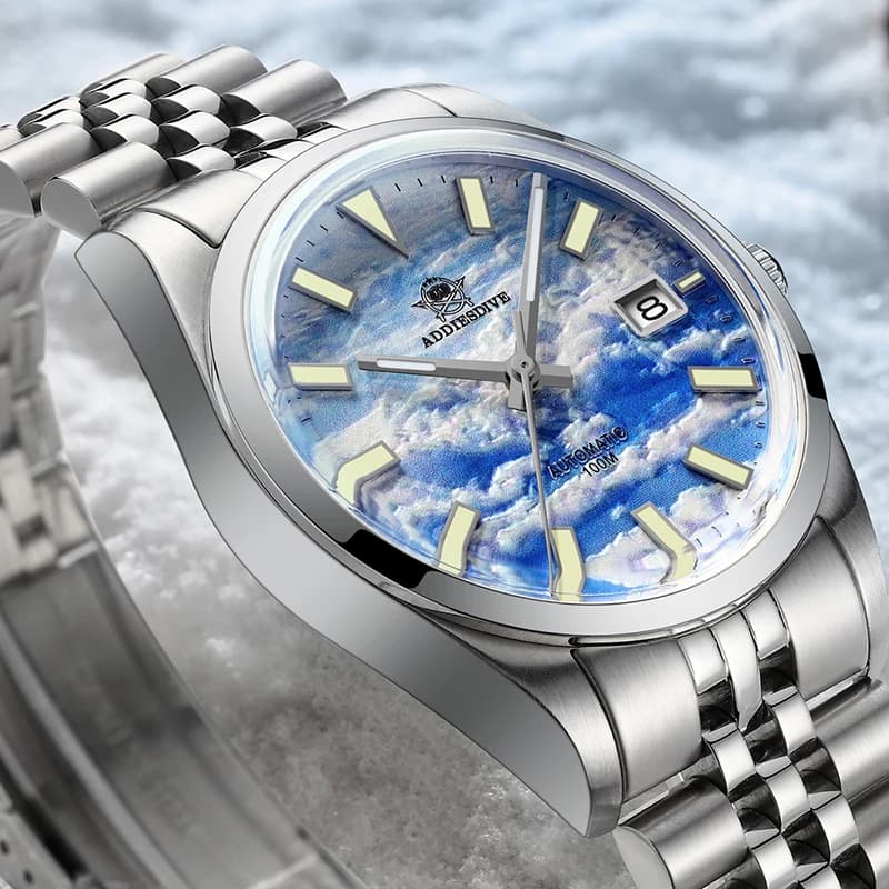 ADDIESDIVE Men’s Automatic Watches 3D Cloud Sea Dial BGW9 Luminous Waterproof Mechanical Watch Stainless Steel NH35 Diving Watc