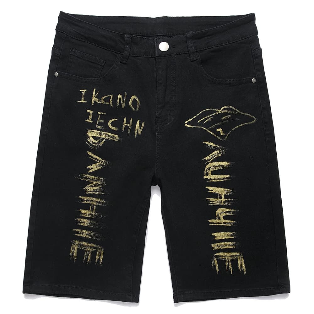 Pantaloncini di jeans con stampa di lettere Graffiti estivi da uomo Jeans con calzoni dritti slim casual in cotone nero