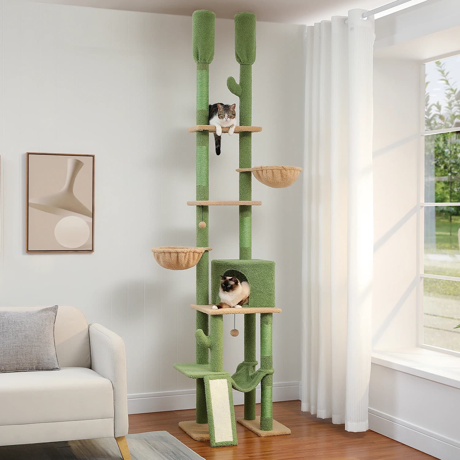 Albero per gatti da pavimento al soffitto per interni, torre per gatti alta ad altezza regolabile con tiragraffi in sisal, accogliente amaca per condo, giocattoli per gatti