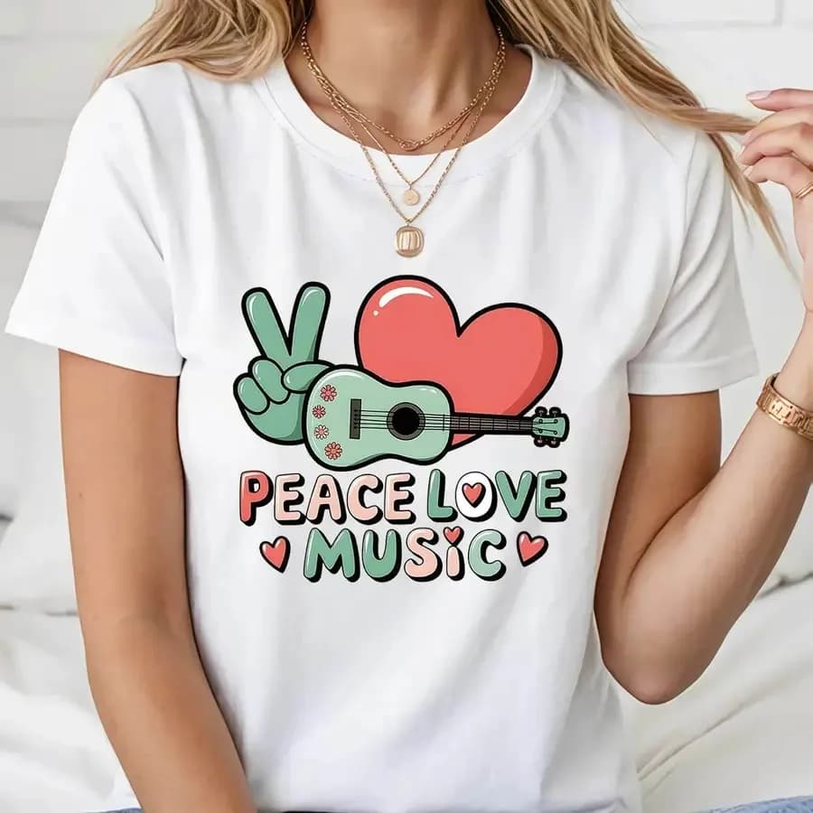 T-shirt da donna PEACE LOVE MUSIC con ukulele - Top casual a maniche corte con grafica ukulele e slogan a forma di cuore, adatto per gli amanti della musica S