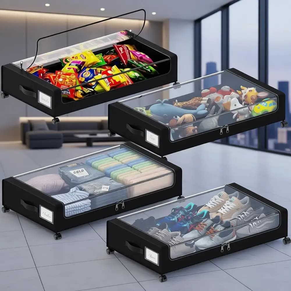 Scatole portaoggetti extra large da 60 litri con ruote, coperchi ed etichette, ideali per vestiti, scarpe, libri e giocattoli (confezione da 4, nero)