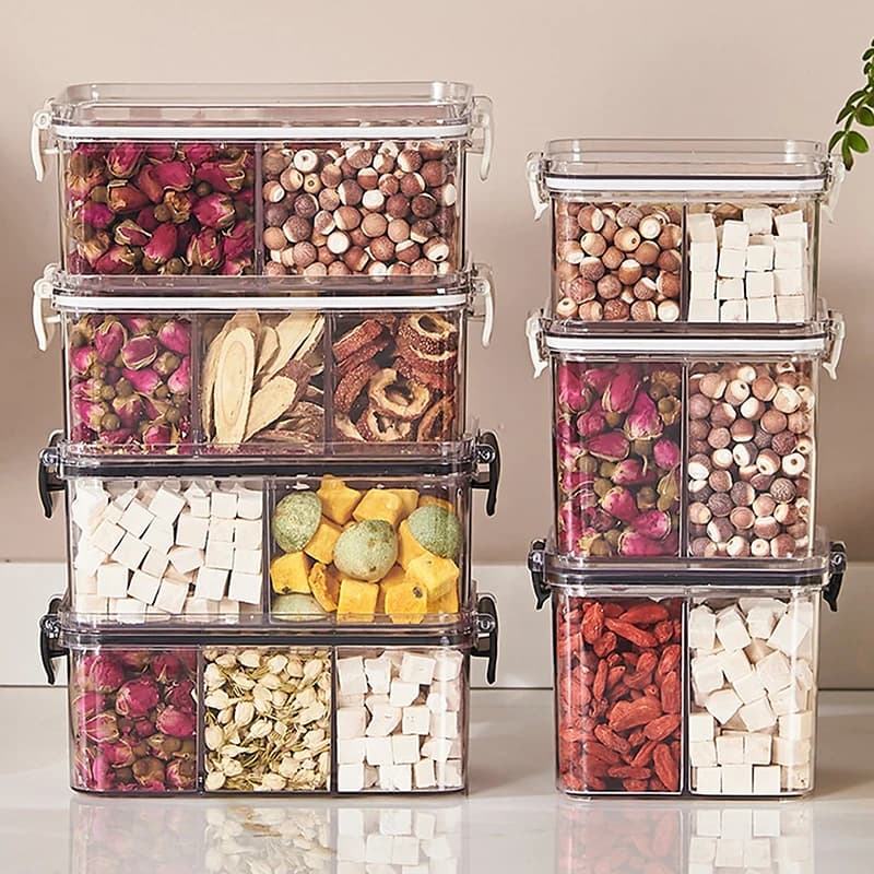 Contenitore per Alimenti in Plastica Sigillato - Barattolo Diviso per Cereali, Caramelle, Frutta Secca, Spezie, Conservazione in Frigorifero