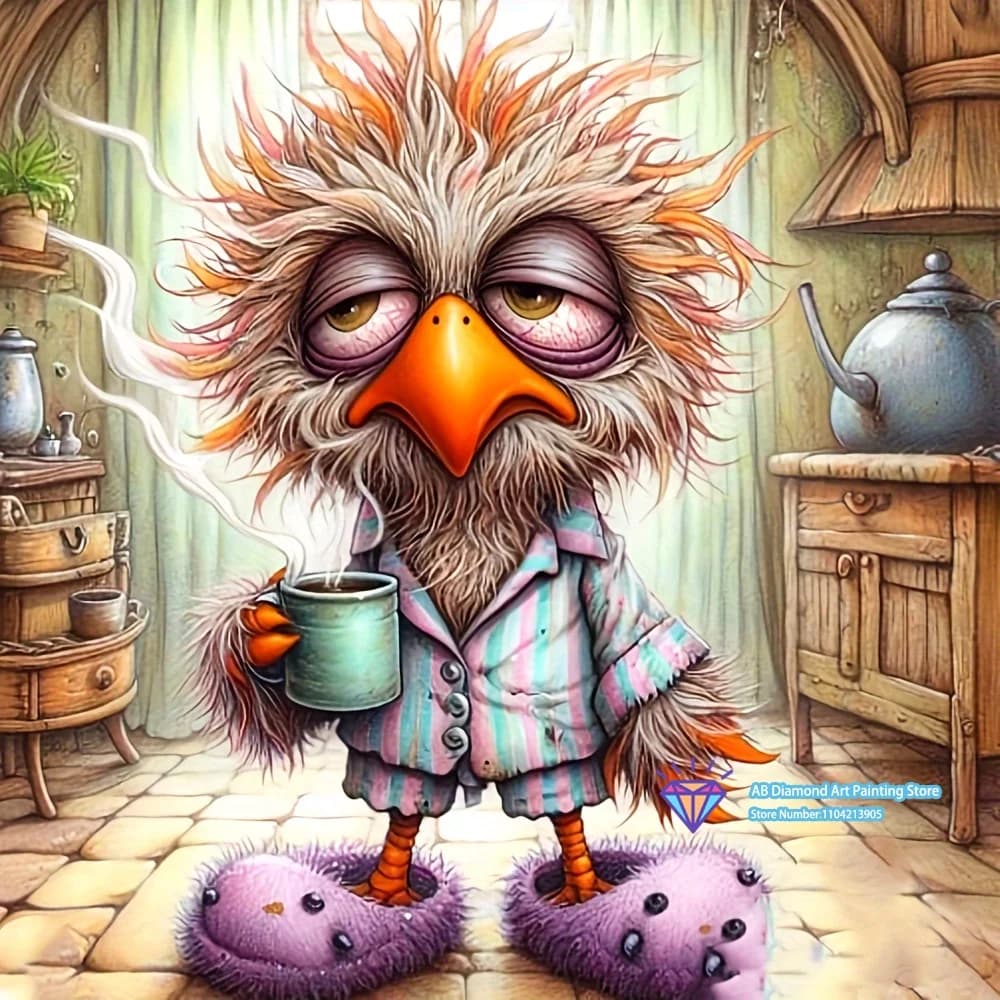 Cartoon Sleepy Bird Pajama Coffee Art 5D DIY Diamond Painting Set with Square and Round Diamonds Handmade Crafts Gifts