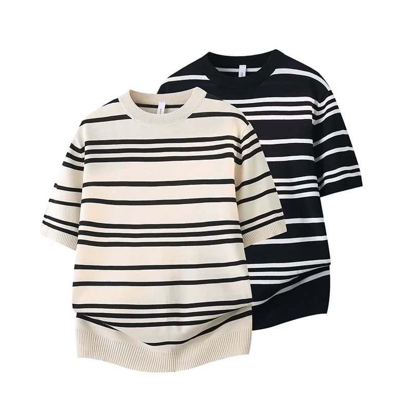 Men's Striped Breathable O-Neck Short Sleeve Knit T-Shirt Casual Versatile Fashion Business Breathable Outdoor-Homewear Tops