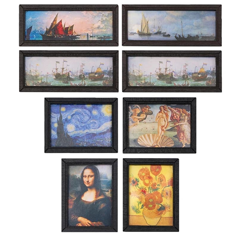 8Pcs 1:12 Dollhouse Vintage Oil Painting Mini Wall Art Photo Decor Home Mural Ornament House Scene Accessories