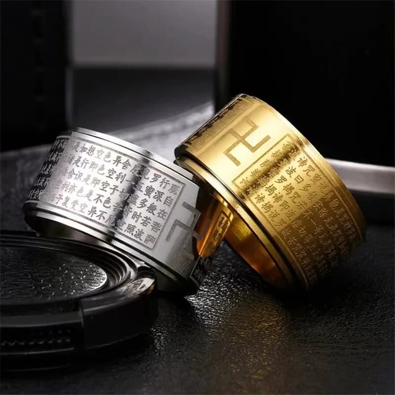 Stainless Steel Rotatable Buddhism Men's Fidget Ring Spinner with Heart Sutra Design Classic Believer Jewelry for Anxiety Relief