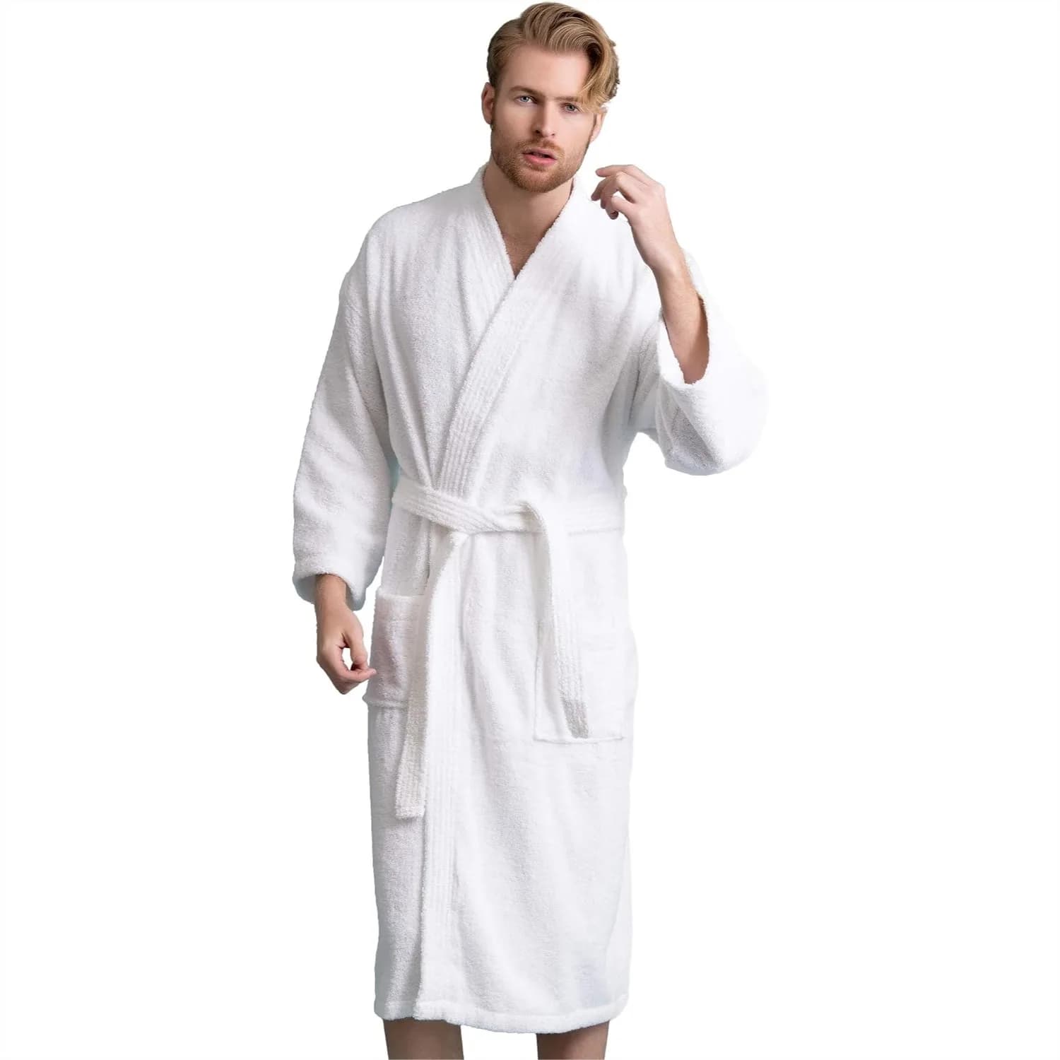 Men's Turkish Terry Kimono Bathrobe - 100% Cotton Absorbent Robe for Men with Pockets