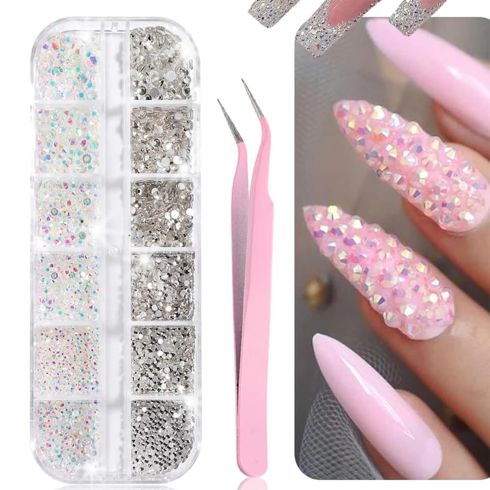 12 griglie 3D Aurora AB Nail Art Strass + 1 pzTweezer Flatback Rotondo Gemma di vetro Decorazioni per unghie Dimensioni miste Gioielli per unghie con diamanti