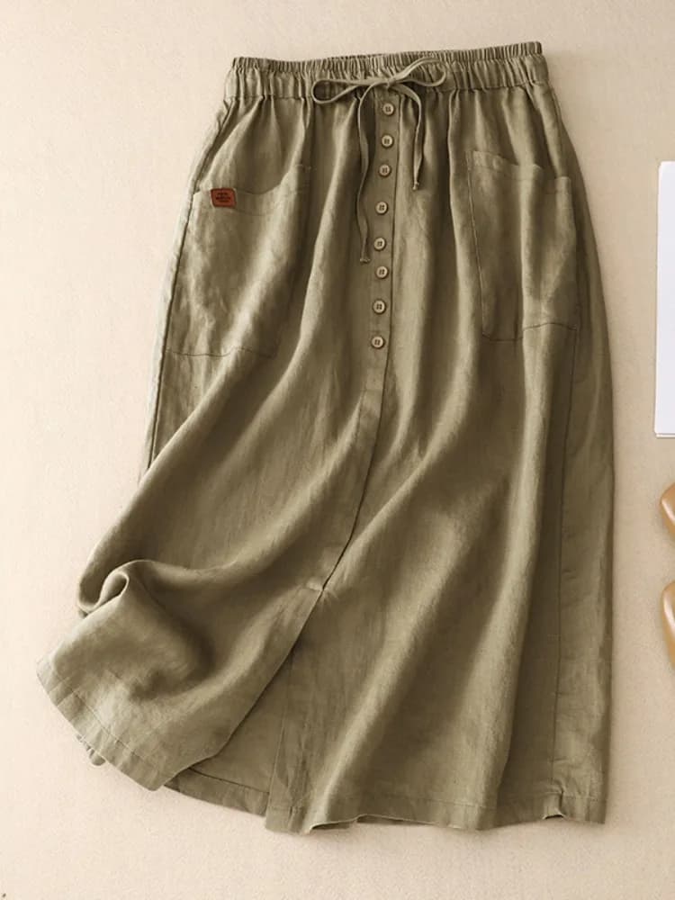 Elegant plus Size Cotton Linen Asymmetrical Skirt Women's Summer High Waist Belted Slimming Split A-Line Midi Skirt