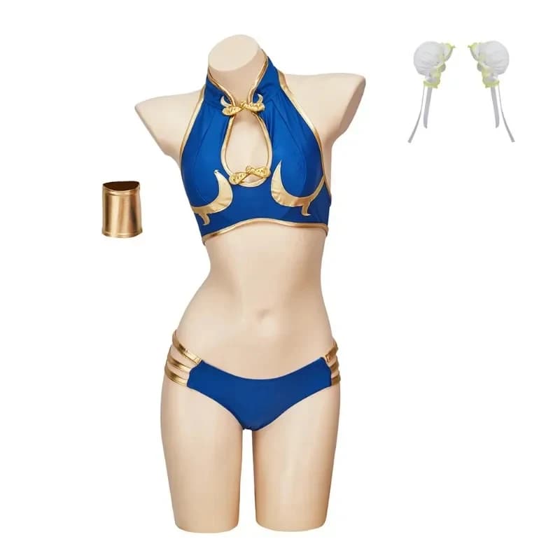 ✦2026✦Game Chun Li Bikini Cosplay Costume Sexy Blue Qipao Swimsuits with Headgears for Women Carnival Party Pool Parties Anime ✦