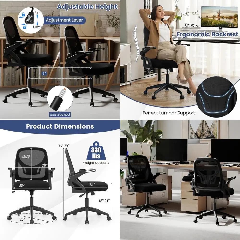 Sedia da ufficio ergonomica girevole ad altezza regolabile con braccioli ribaltabili e supporto lombare per lavori comodi e giochi (Bla
