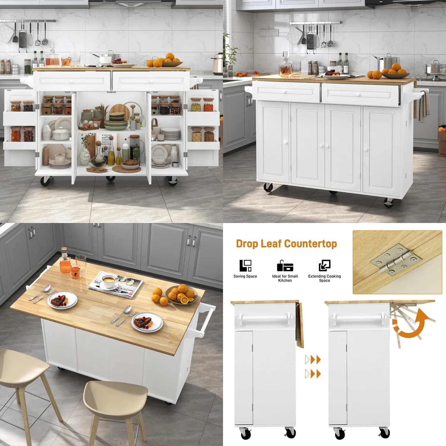 Carrello da Cucina 55 Pollici con Piano in Legno, Isola Mobile con Cassetti, Porta Spezie e Portasciugamani, Bianco, Personalizzabile