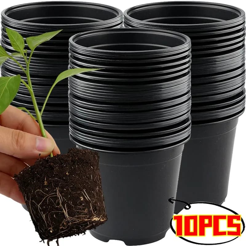 10 Vasi in Plastica Riutilizzabili per Piante, Contenitori da Giardino e Vivaio, Fioriere Nere per Balcone e Casa con Drenaggio