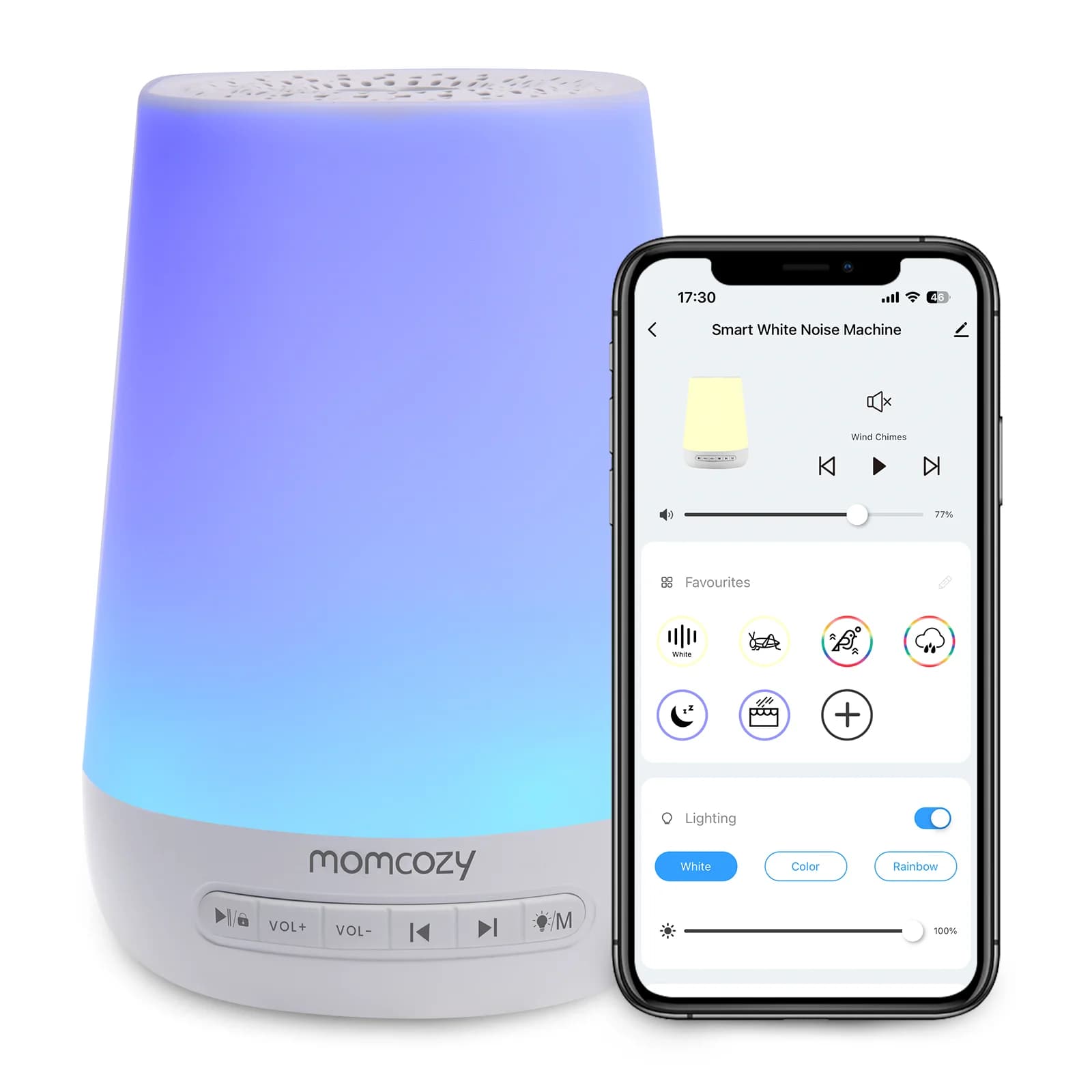 Momcozy Baby White Noise Sound Machine per il sonno del bambino, luce notturna, 34 suoni rilassanti, timer, telecomando tramite app, sveglia