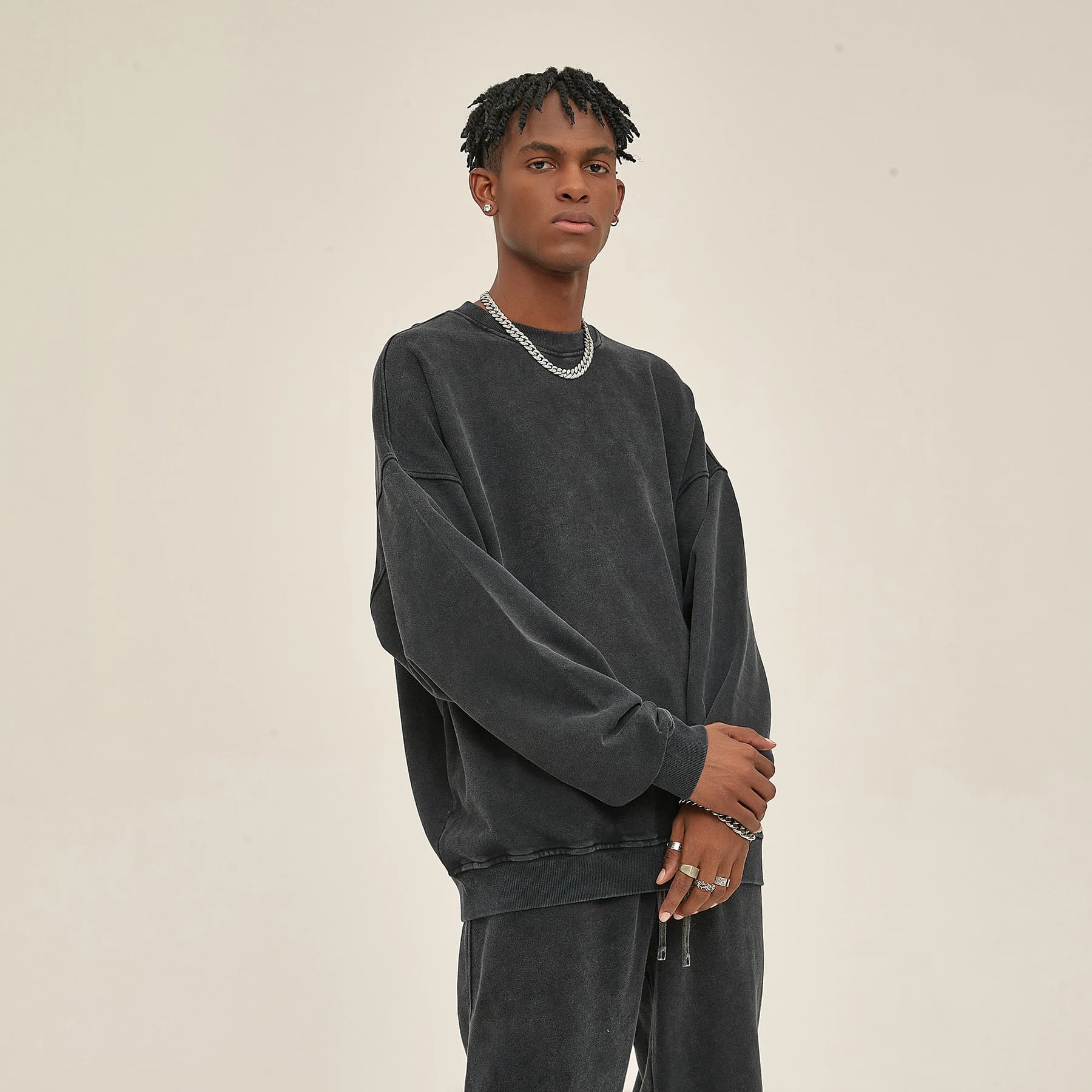 Felpa girocollo in spugna usurata tinta in cera Y2k Vintage oversize spalla goccia uomo cotone High Street pullover felpe con cappuccio donna