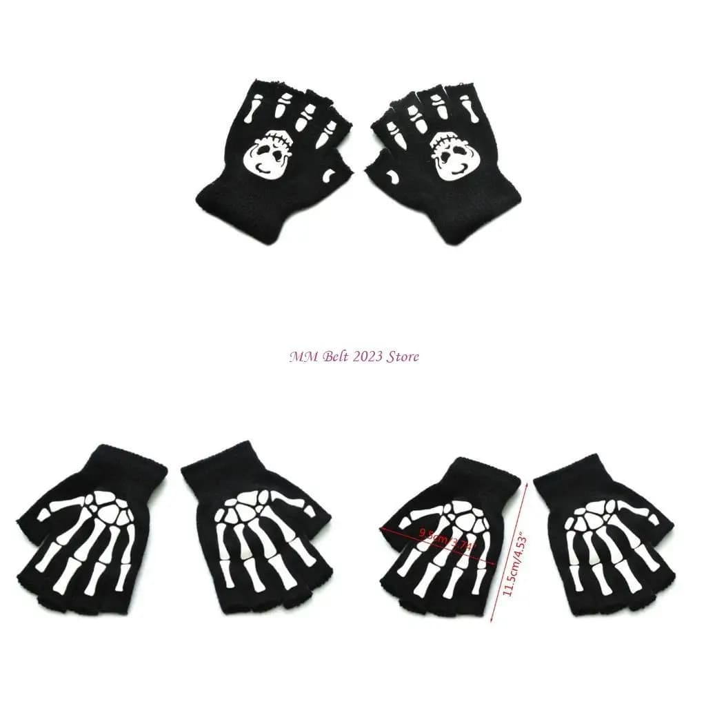 Guanti caldi in maglia per bambini 49ME Guanti mezze con scheletro Halloween che illuminano buio