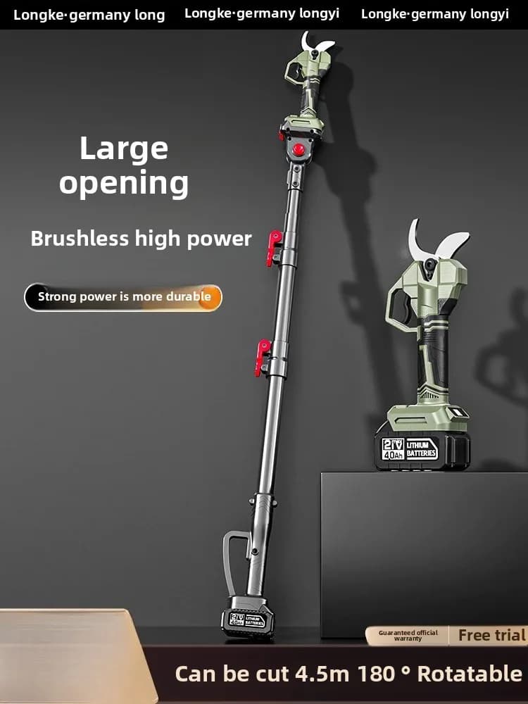 Rechargeable pruning shears, high branch shears, extended pole, high power electric scissors for cutting branches of fruit trees