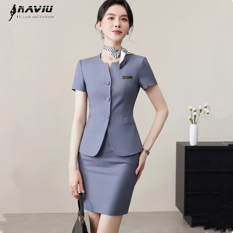NAVIU New Elegant Summer Office Ladies Suit Temperament O Neck Short Sleeve Blazer And Slim Skirt Small Fragrant Two Piece Set