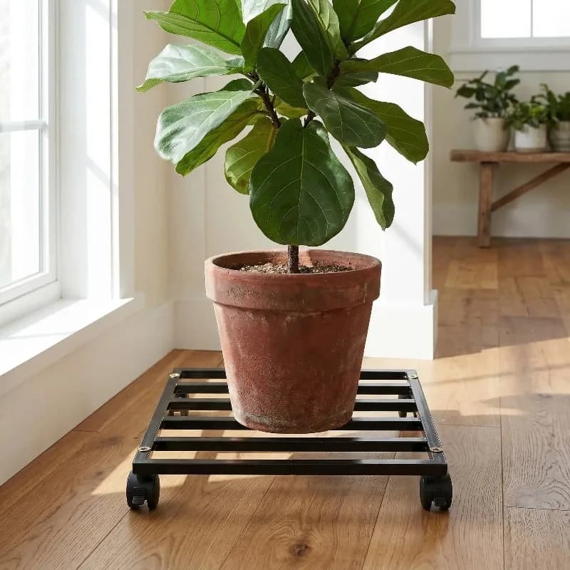Wrought Iron Plant Stand with Wheels for Heavy Potted Plants Corrosion Resistant Mobile Flower Pot Holder Indoor