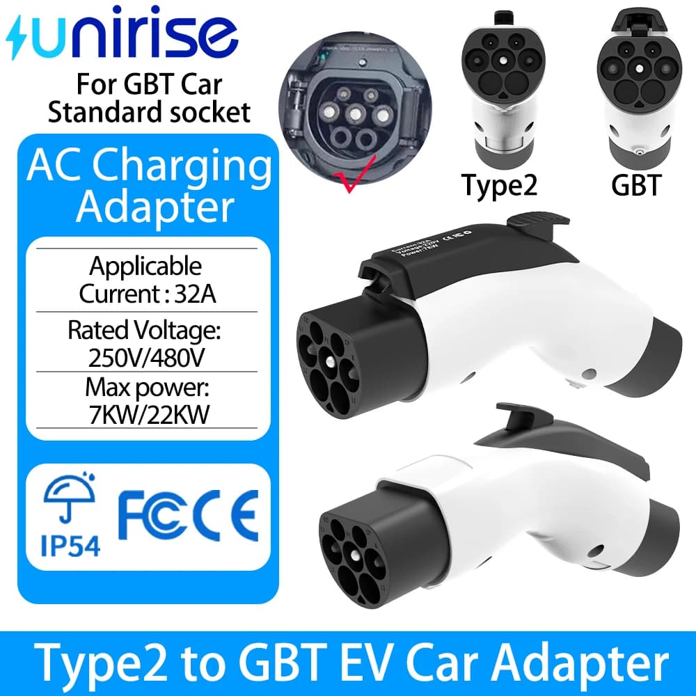 Adattatore Unirise da Tipo 2 a GBT per Veicoli Elettrici, Convertitore AC 7Kw/22Kw 32A per Caricabatterie Tipo 2, Compatibile con Connettore GB/T per Auto Elettriche Cinesi