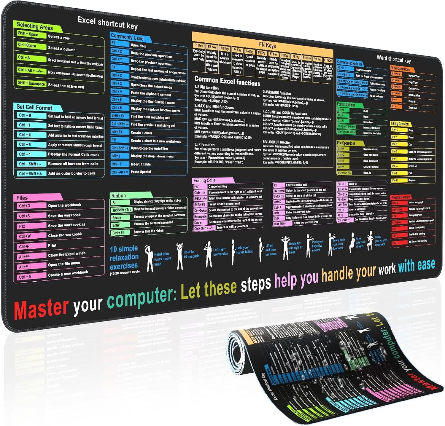Tappetino da scrivania con guida rapida per Excel e Word - Formato XL (31,5x11,8 pollici) per lavoro, studio, gaming - Tappetino per mouse impermeabile e antiscivolo