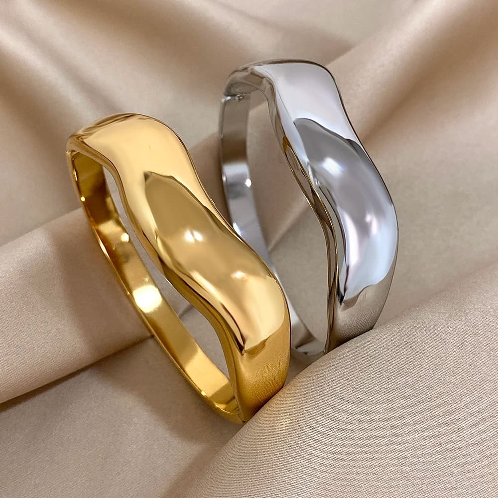 Trendy Irregular Wave Stainless Steel Spring Bangle for Women Waterproof Smooth Wide Open Bangle Cuff Bracelet Lady Jewelry Gift