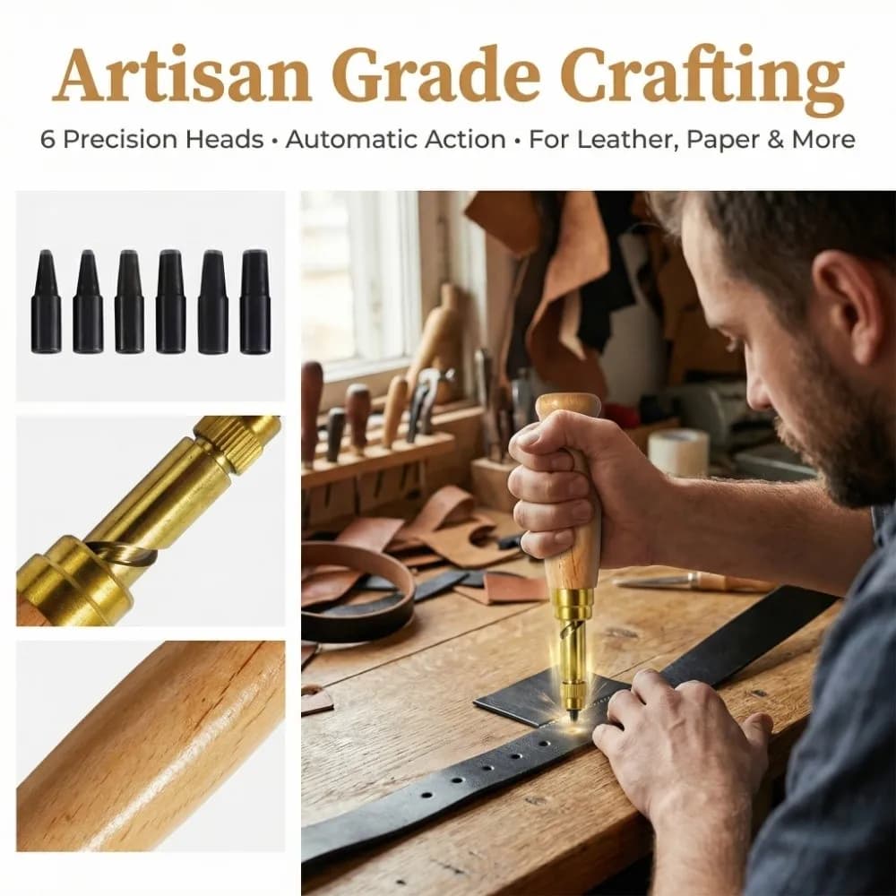 Adjustable for Belts with Handle in Wood, 6 Tips, Screw punch, Semi-Automatic Rotating Punch, Automatic Tool for Drilling Bags