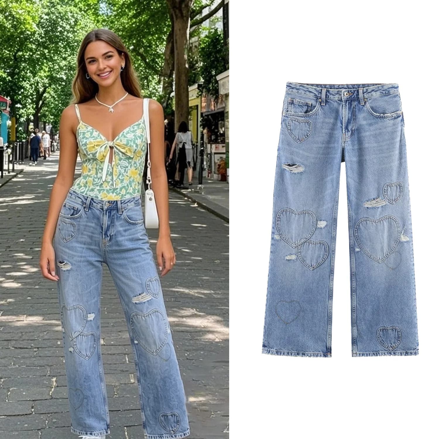 Jeans a Vita Alta e Gamba Larga per Donna, Nuovi Jeans Lunghi Primaverili ed Estivi, Chic con Motivo a Cuore e Strappi