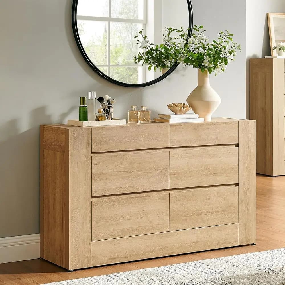 6-Drawer Wide Chest with Handle, Thick Wood Design, TV Stand, Storage Organizer for Bedroom, Living Room, Hallway, Natural Oak