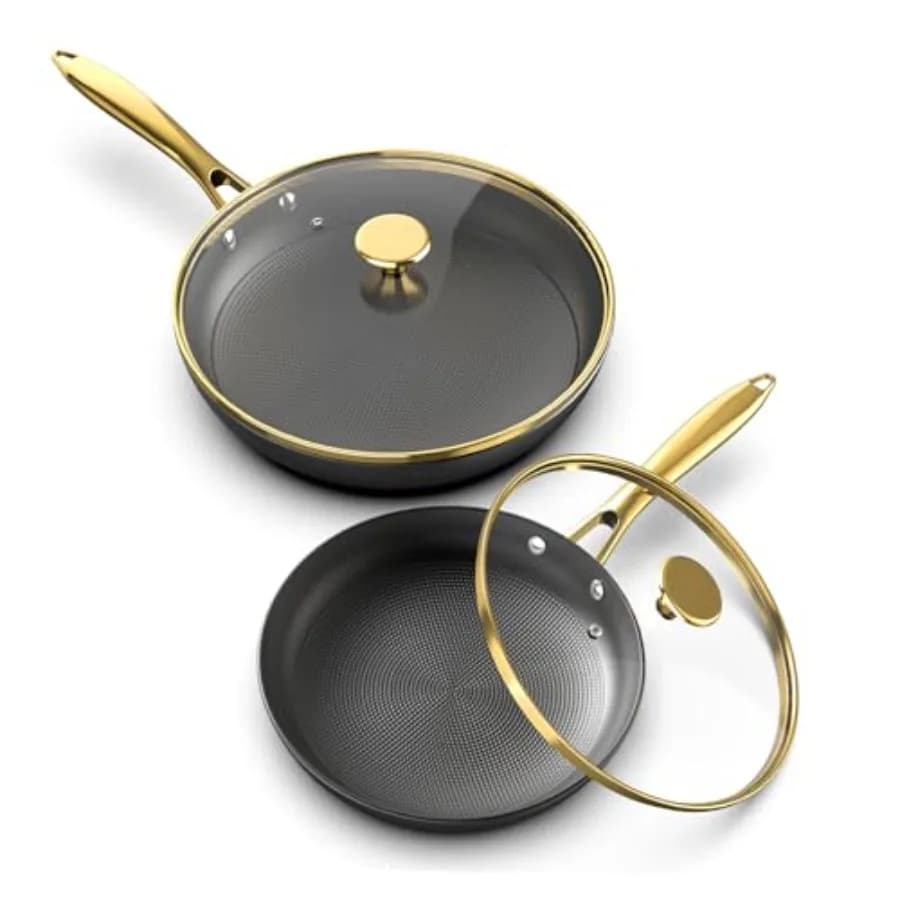 Set of 2 Anti-adhesive pans with 10 and 12 Inch Covers, Anti-adhesive cast iron bowls with Nido d'Ape Fund, Oven and Induction Pot Set