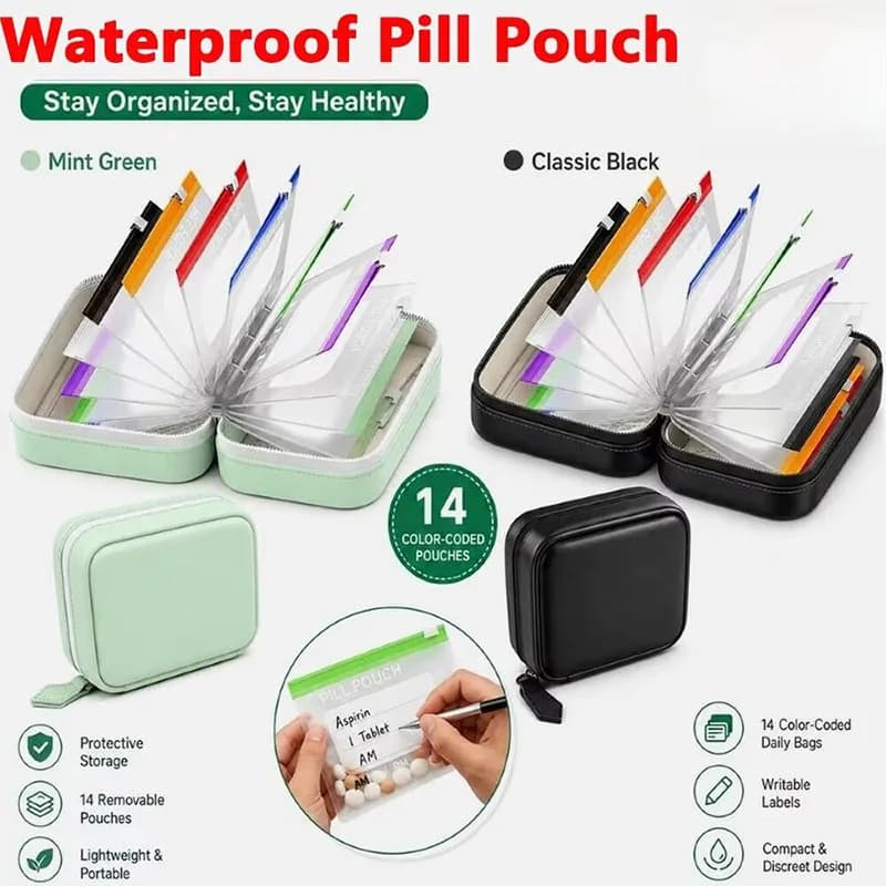 Waterproof Pill Pouch Set 14 Color-coded Pouches Writable Labels for Daily Medication Vitamins Supplements Organizer Bag